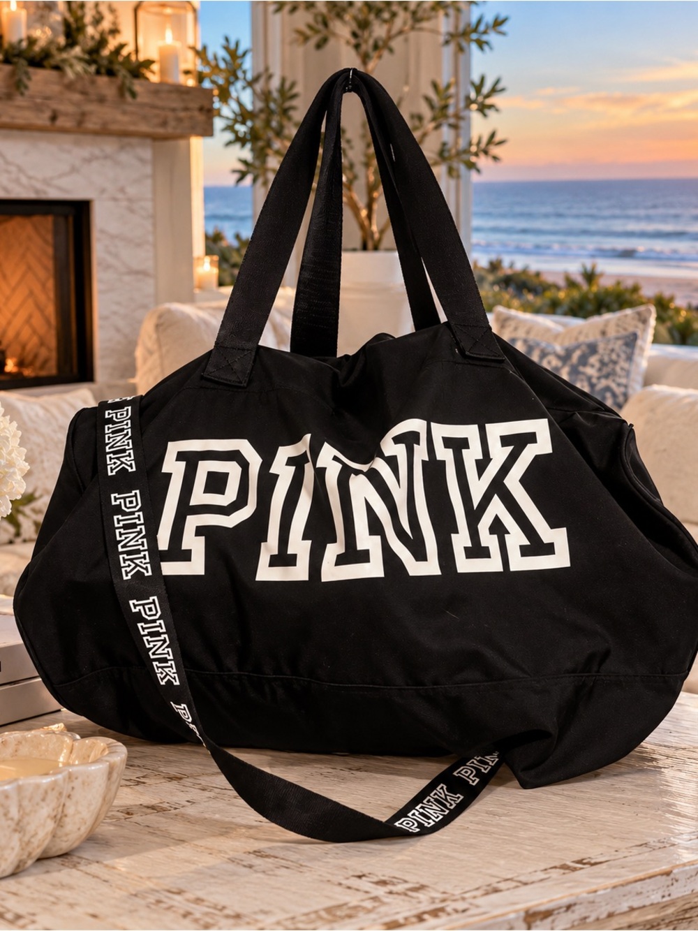 PINK Victoria's Secret Black Logo Weekend Duffel